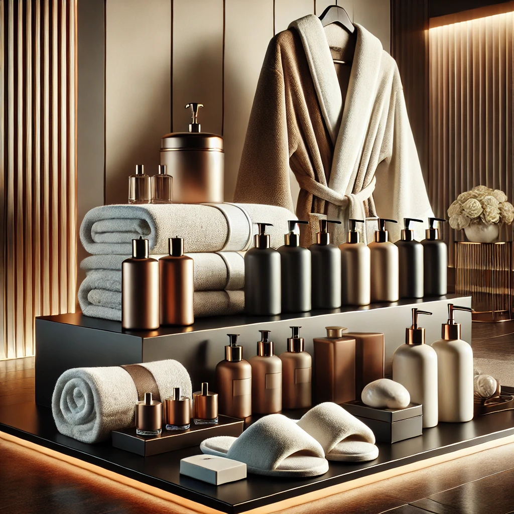 Vanna otağında xalat, dəsmal və maye sabun ilə terlikler